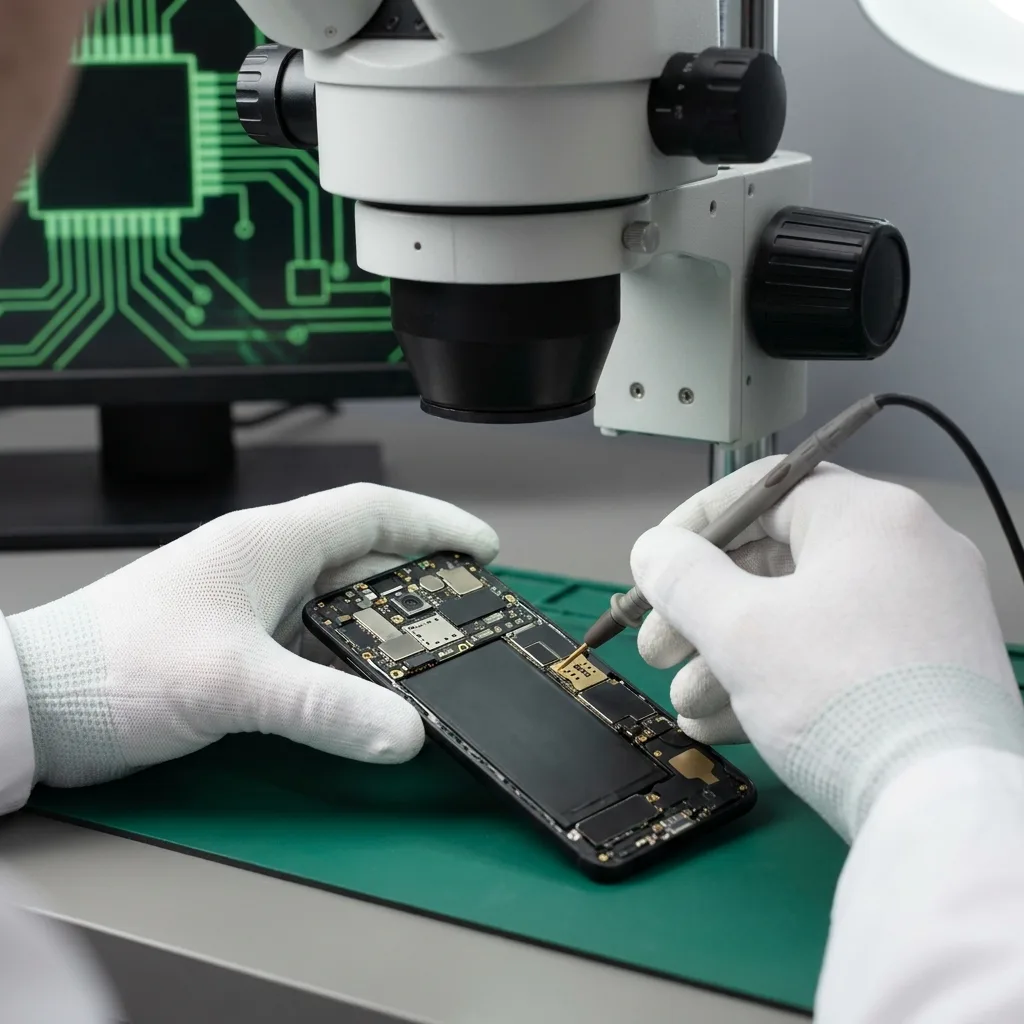 Technician running diagnostics on an Android phone