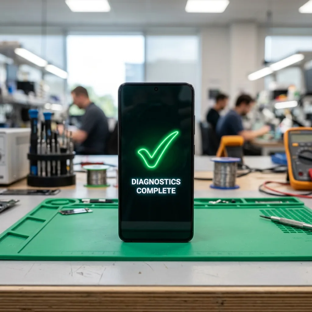 Reassembled Android phone passing diagnostic tests with green-tick status