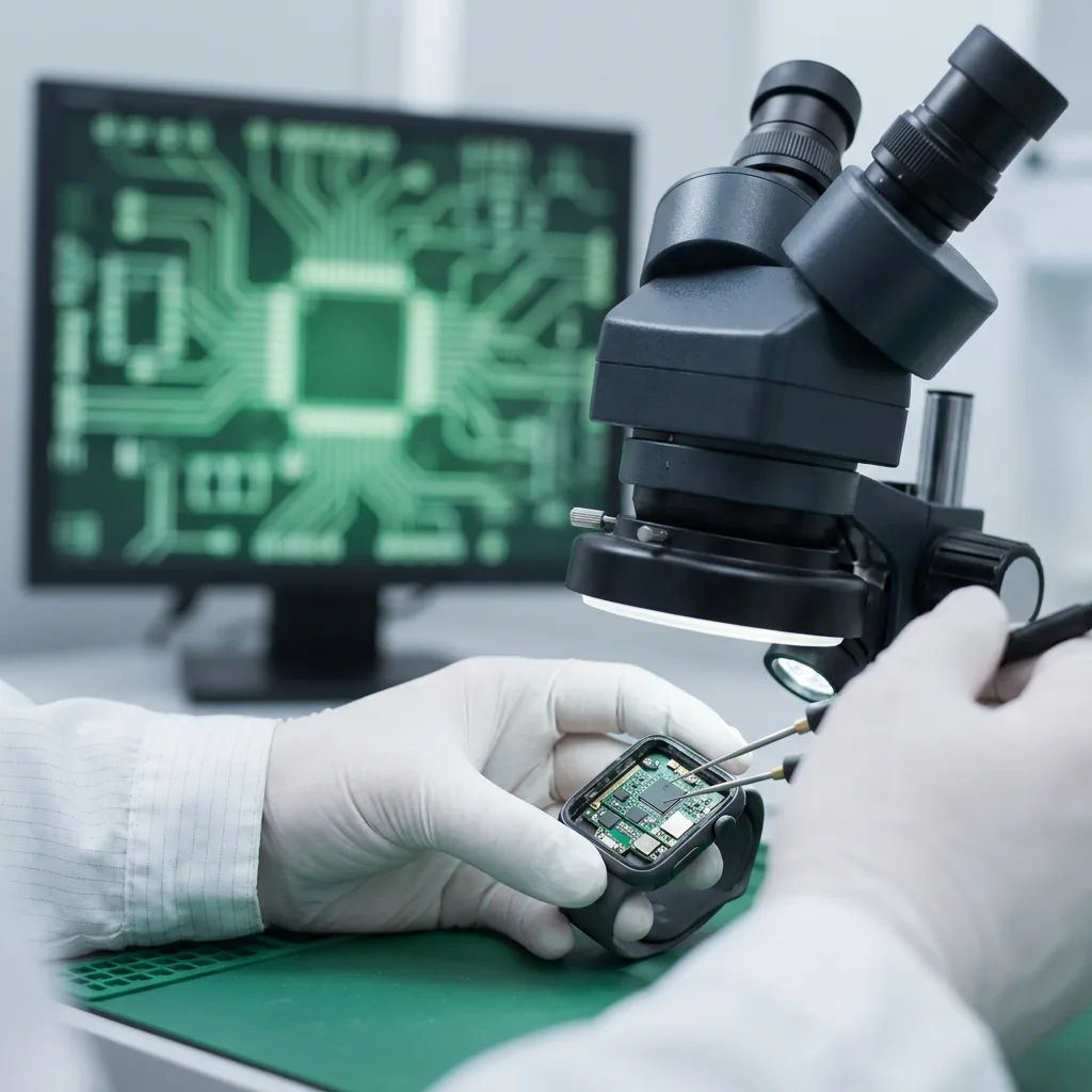 Technician inspecting an Apple Watch under microscope