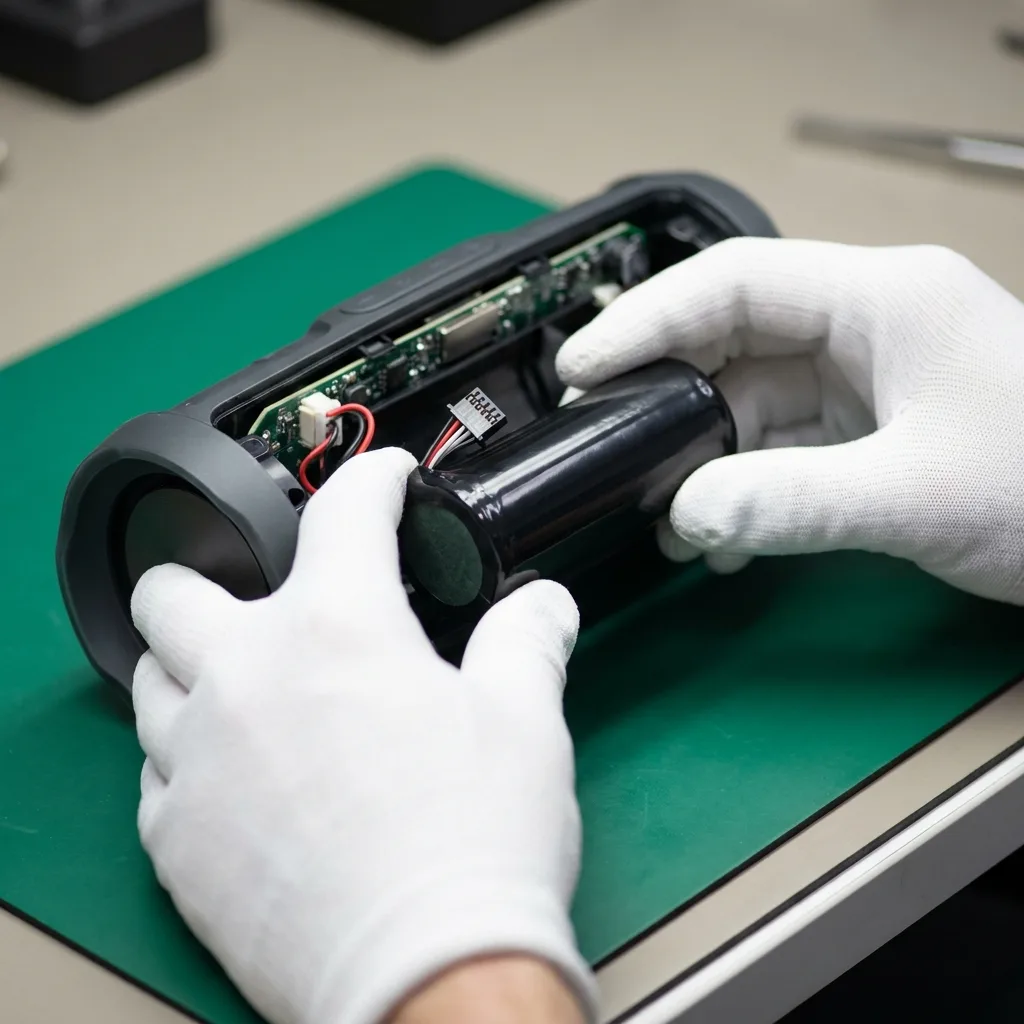 New battery being installed inside a Bluetooth speaker