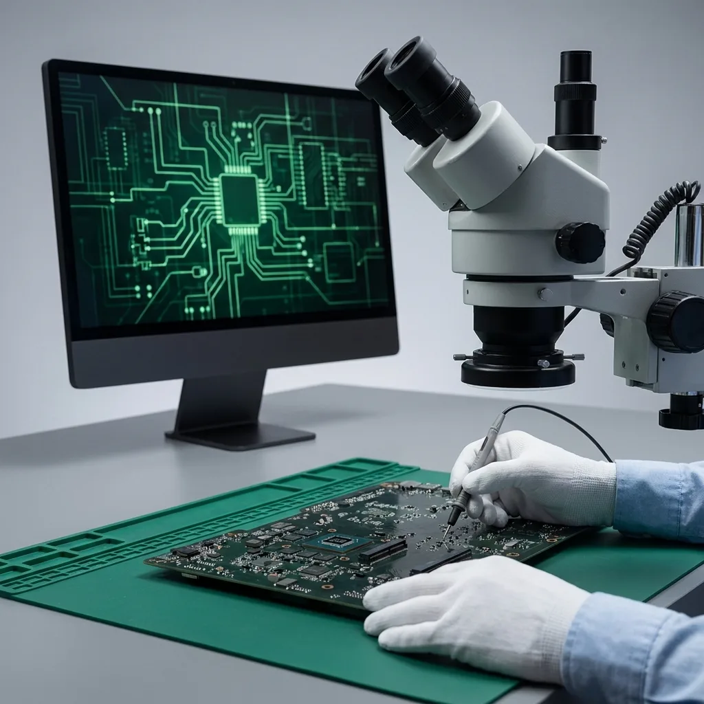 Technician inspecting an iMac logic board under microscope