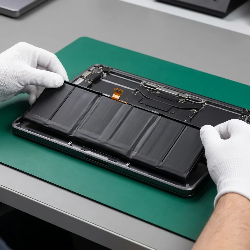 MacBook trackpad being installed at a clean workbench