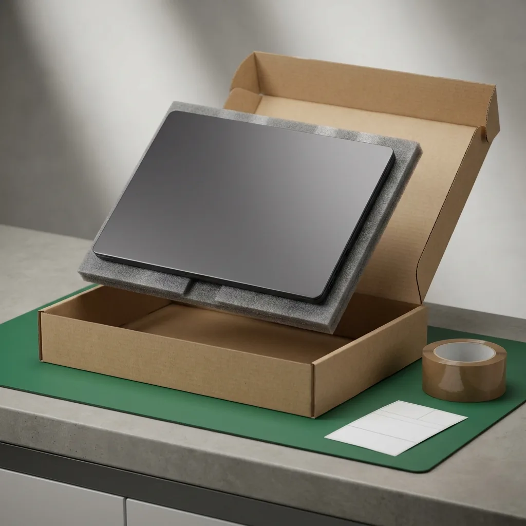 MacBook packaged for Blue Dart pickup